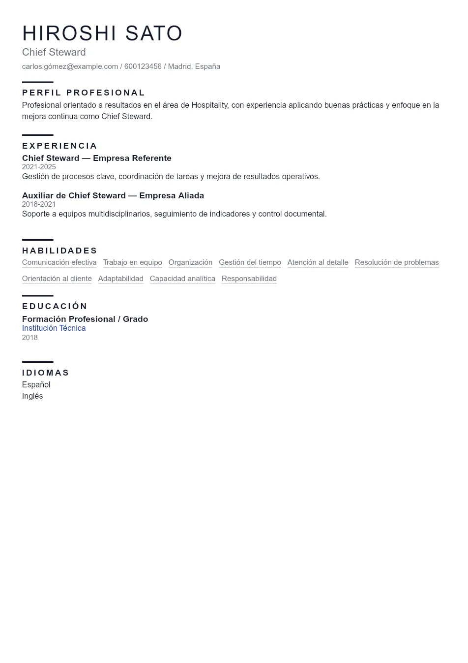 Ejemplo de CV de Chief Steward CV Example - Professional Resume Template