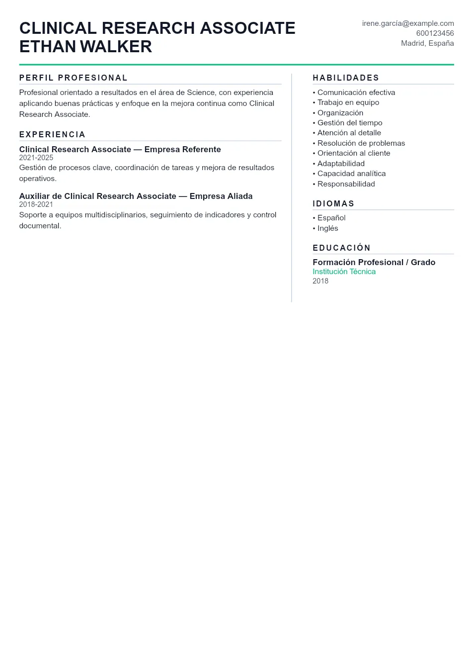 Ejemplo de CV de Clinical Research Associa CV Example - Professional Resume Template