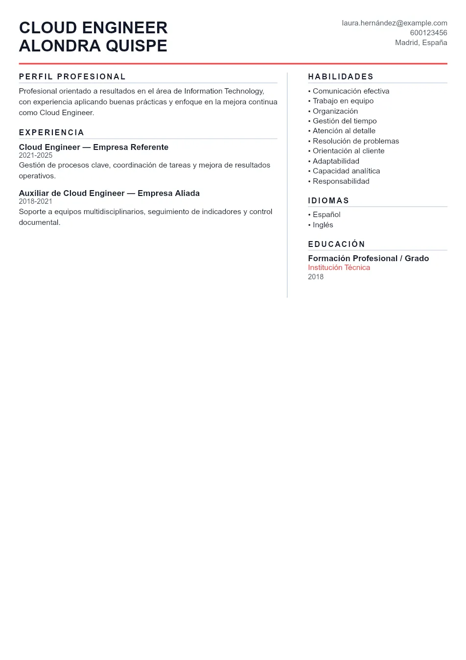 Ejemplo de CV de Cloud Engineer CV Example - Professional Resume Template