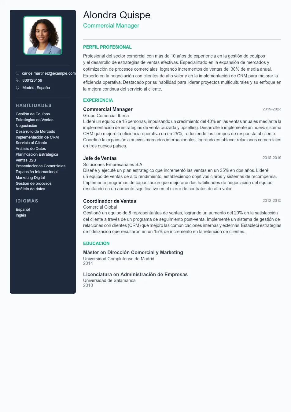 Ejemplo de CV para CV de Commercial Manager - Plantilla de currículum profesional