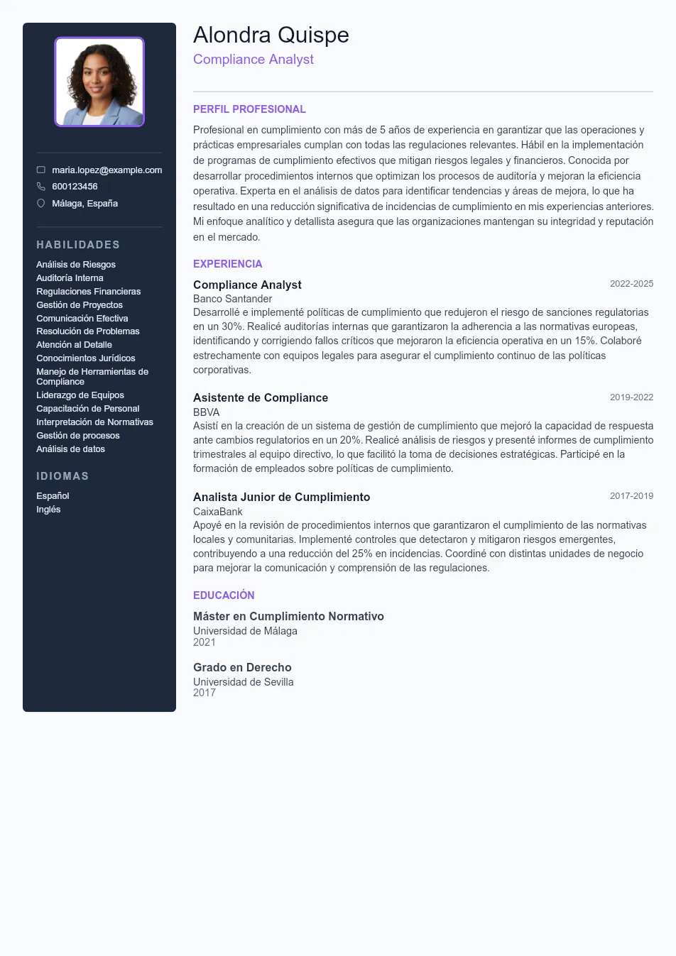 Ejemplo de CV para CV de Compliance Analyst - Plantilla de currículum profesional
