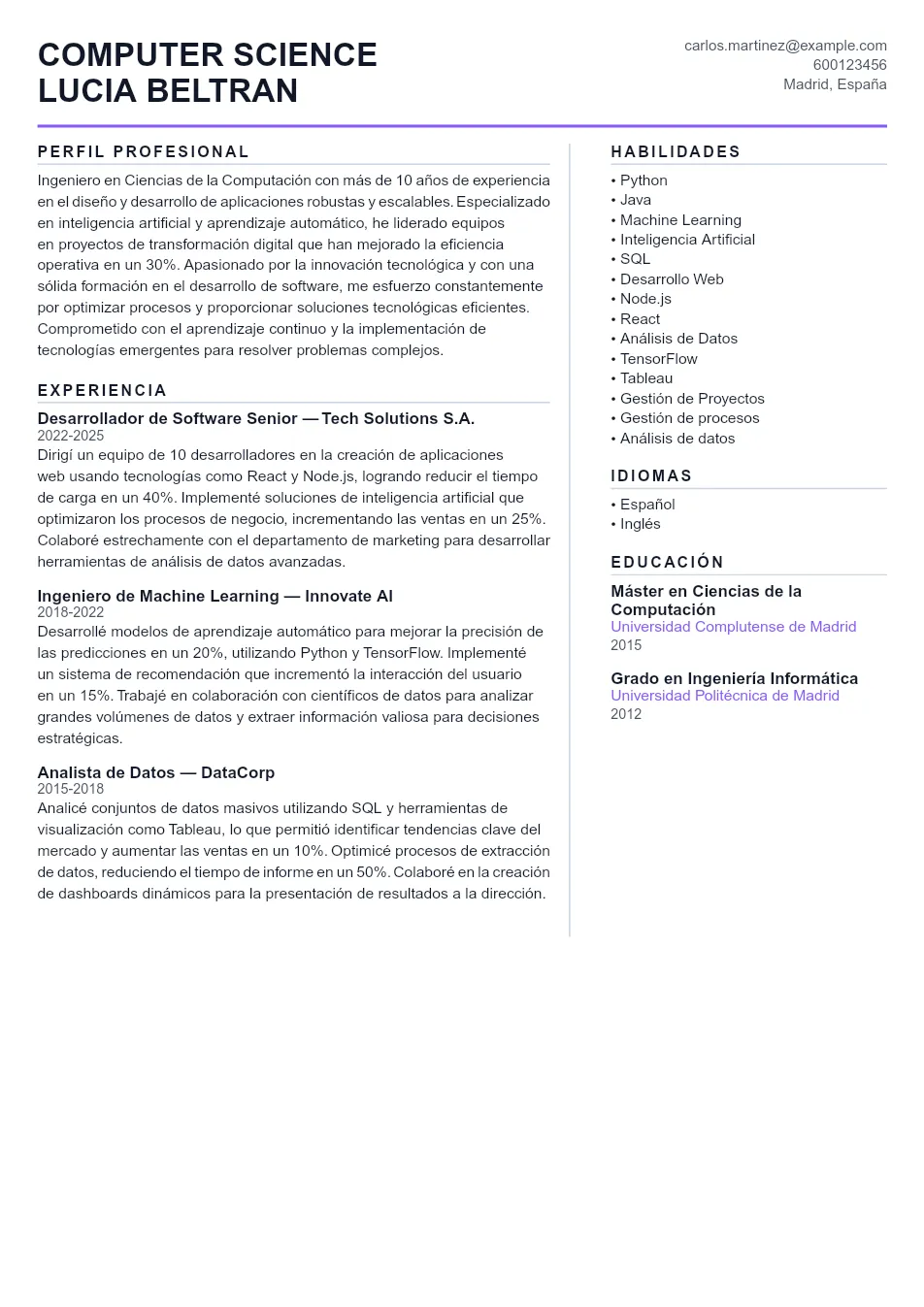 Ejemplo de CV de Computer Science CV Example - Professional Resume Template