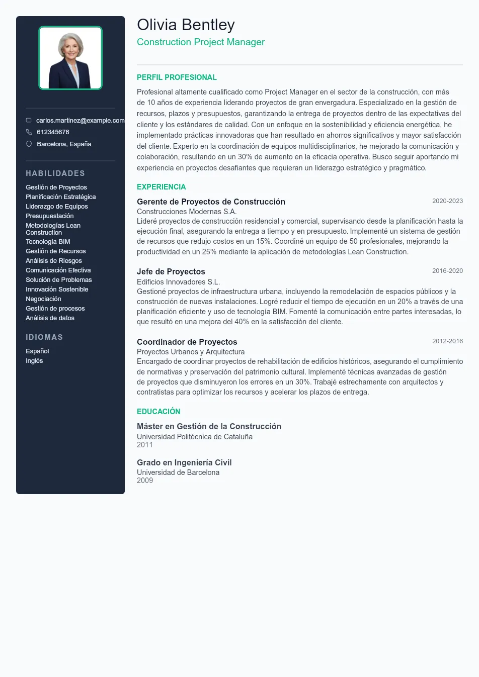 Ejemplo de CV de Construction Project Mana CV Example - Professional Resume Template