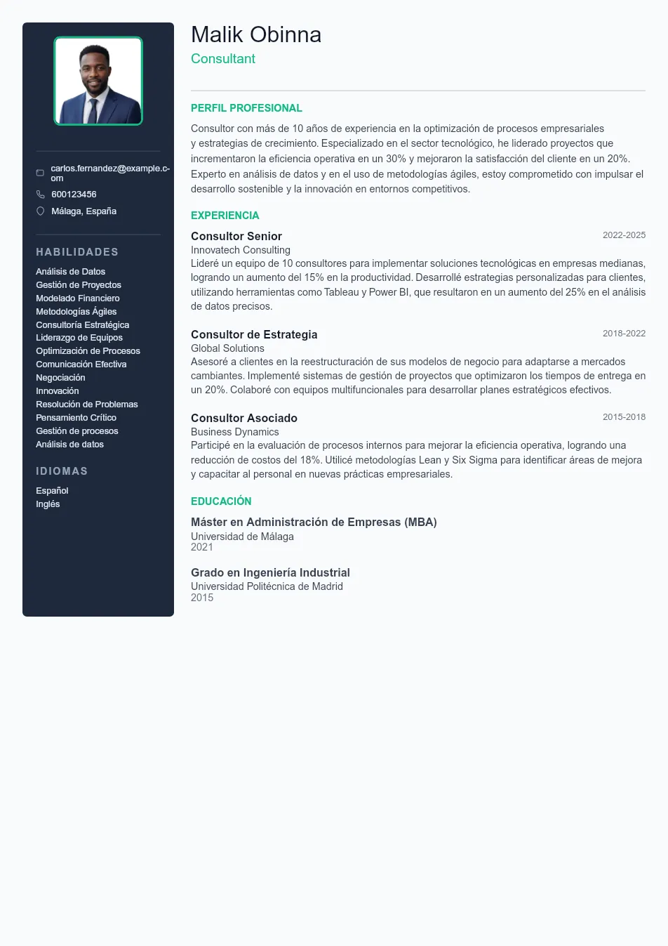 Ejemplo de CV de Consultant CV Example - Professional Resume Template