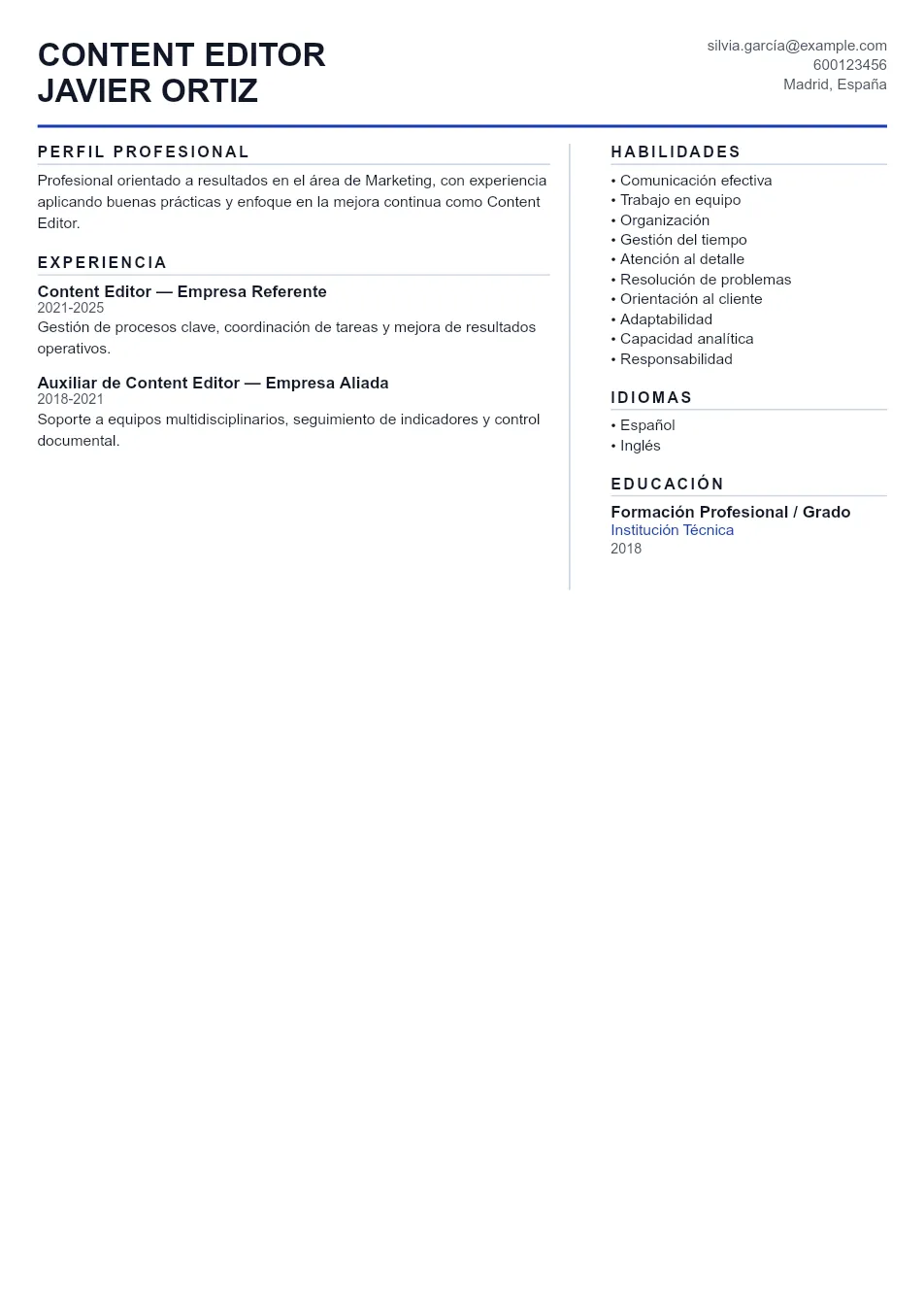 Ejemplo de CV de Content Editor CV Example - Professional Resume Template