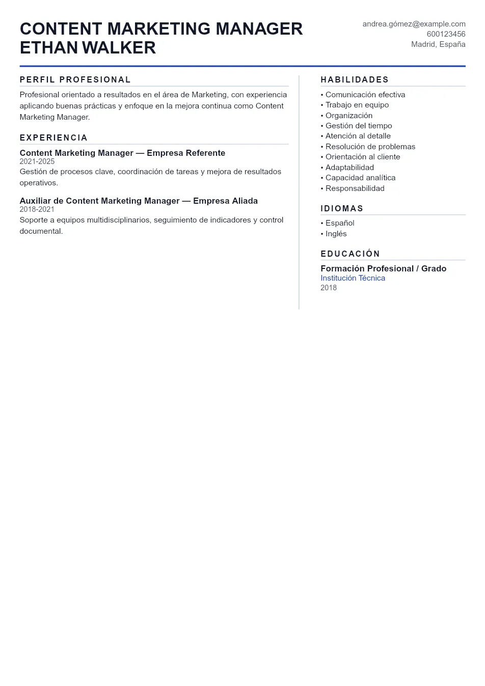 Ejemplo de CV de Content Marketing Manager CV Example - Professional Resume Template
