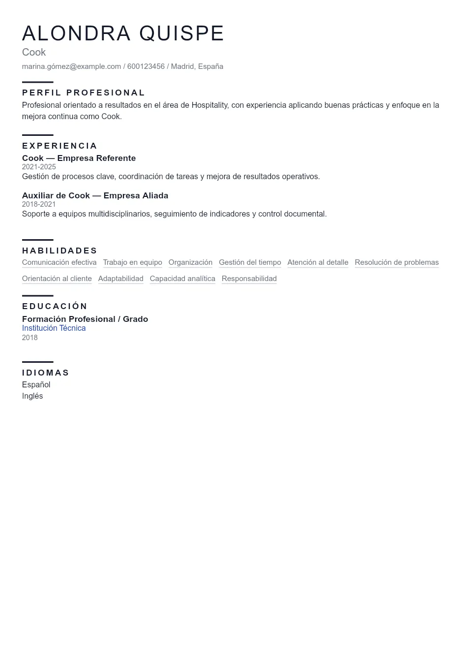 Ejemplo de CV de Cook CV Example - Professional Resume Template
