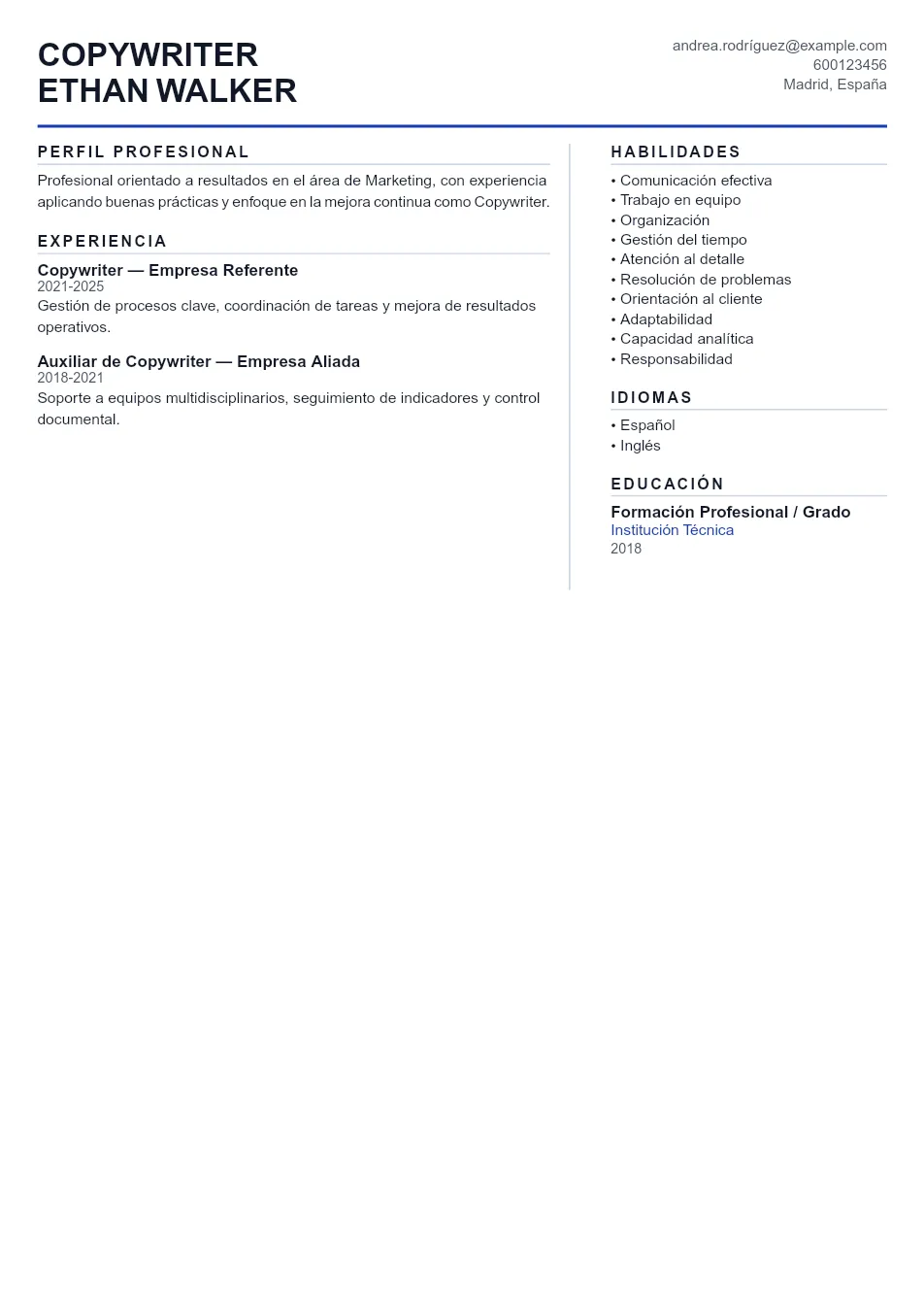 Ejemplo de CV de Copywriter CV Example - Professional Resume Template