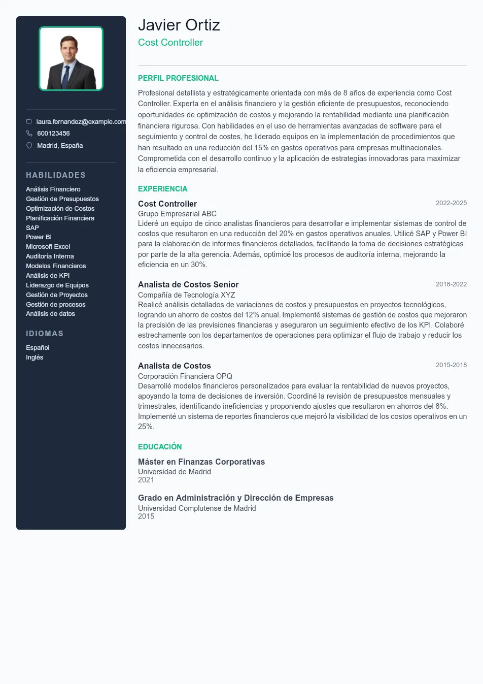 Ejemplo de CV de Cost Controller CV Example - Professional Resume Template