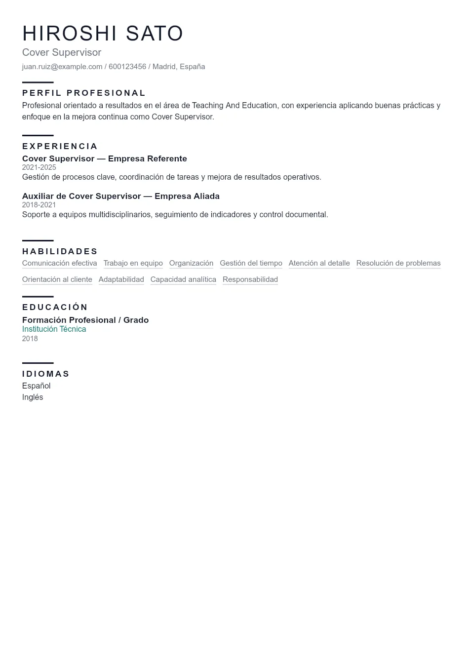 Ejemplo de CV de Cover Supervisor CV Example - Professional Resume Template