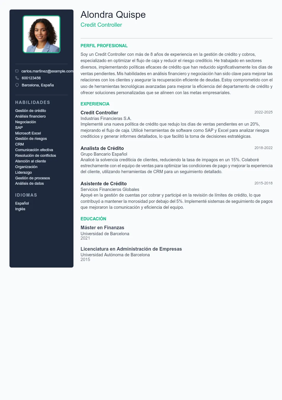 Ejemplo de CV de Credit Controller CV Example - Professional Resume Template