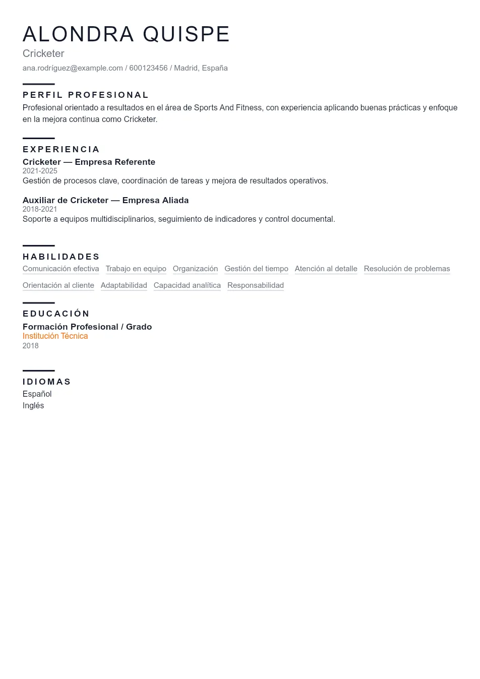 Ejemplo de CV de Cricketer CV Example - Professional Resume Template