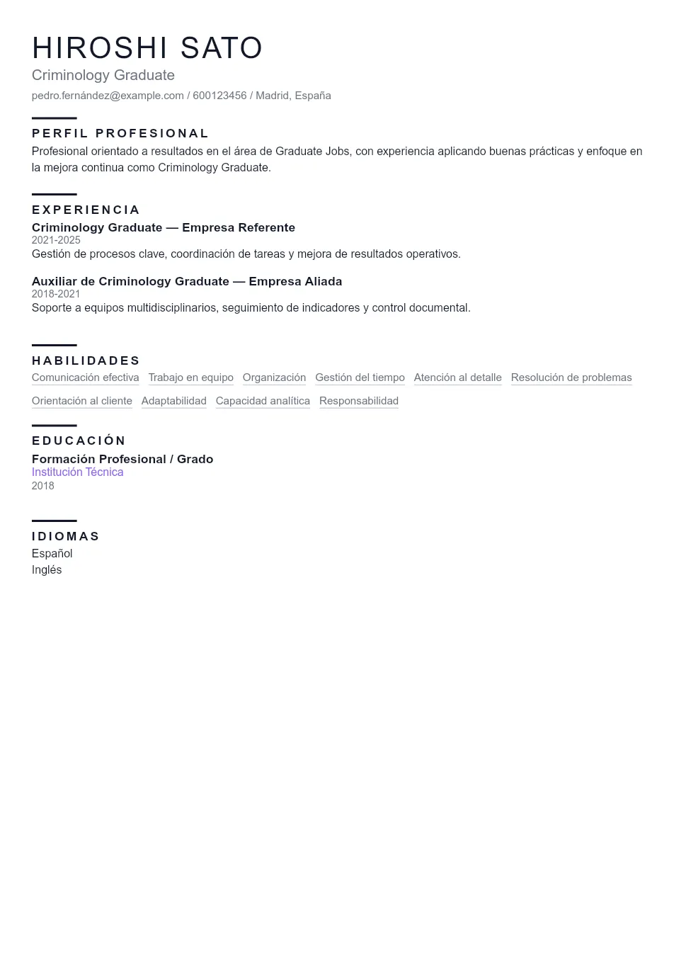 Ejemplo de CV de Criminology Graduate CV Example - Professional Resume Template