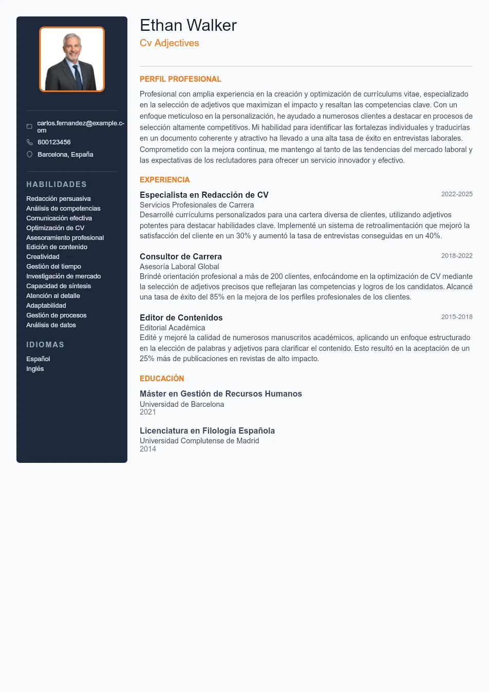 Ejemplo de CV para Adjetivos para CV - Plantilla de currículum profesional