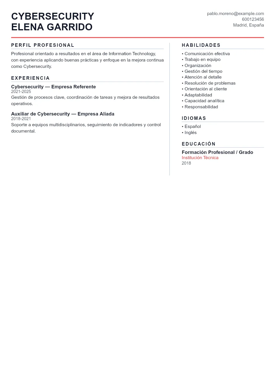 Ejemplo de CV de Cybersecurity CV Example - Professional Resume Template