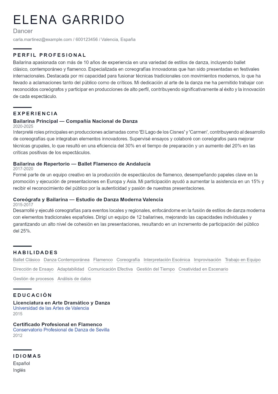 Ejemplo de CV de Dancer CV Example - Professional Resume Template
