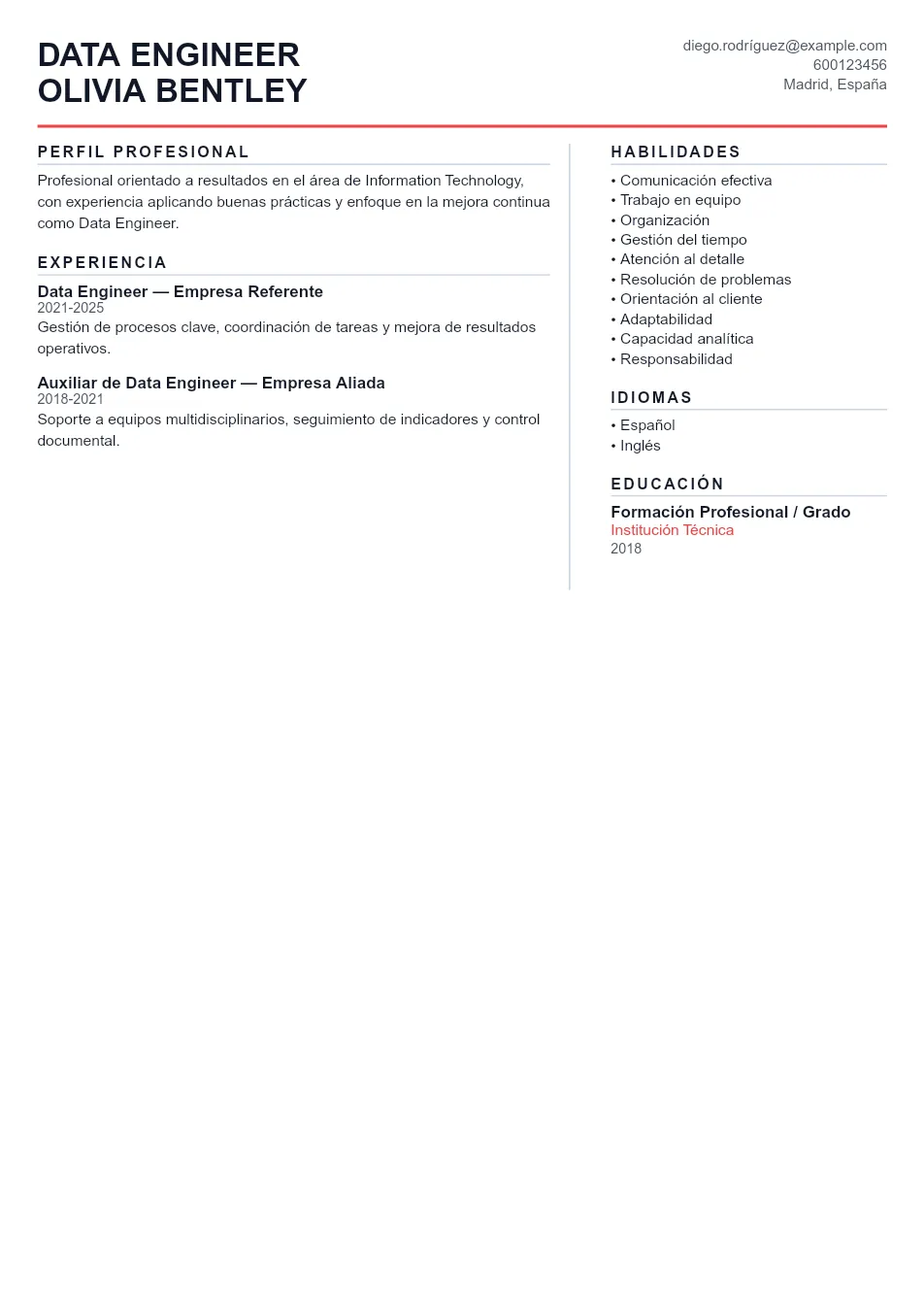 Ejemplo de CV de Data Engineer CV Example - Professional Resume Template