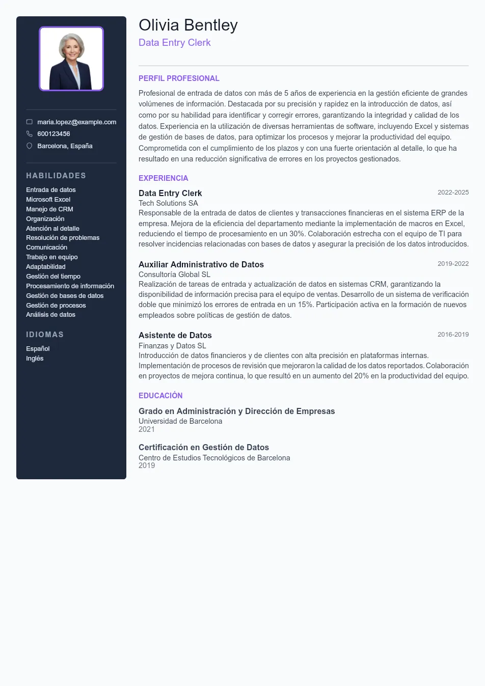 Ejemplo de CV para CV de Data Entry Clerk - Plantilla de currículum profesional