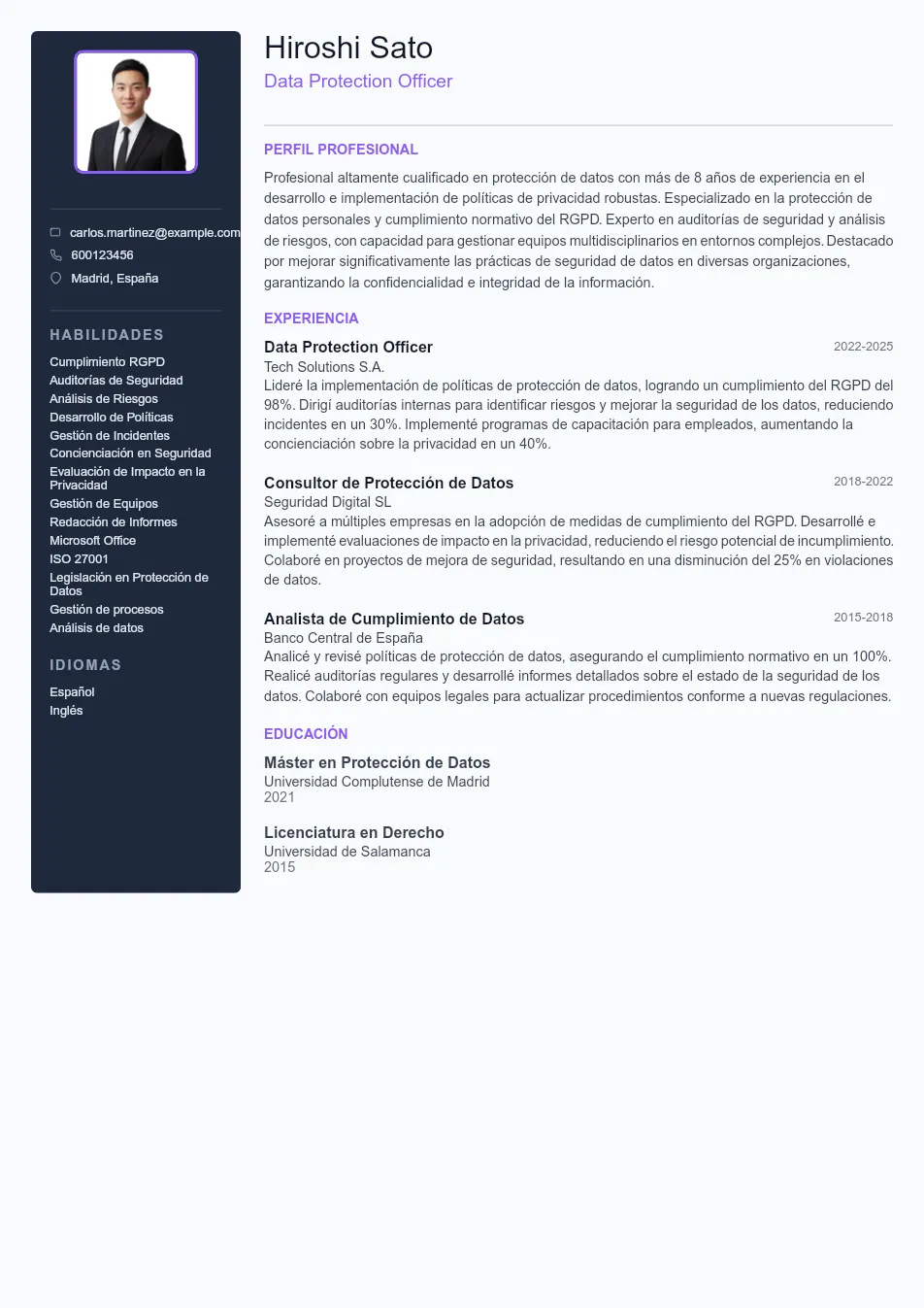Ejemplo de CV de Data Protection Officer CV Example - Professional Resume Template
