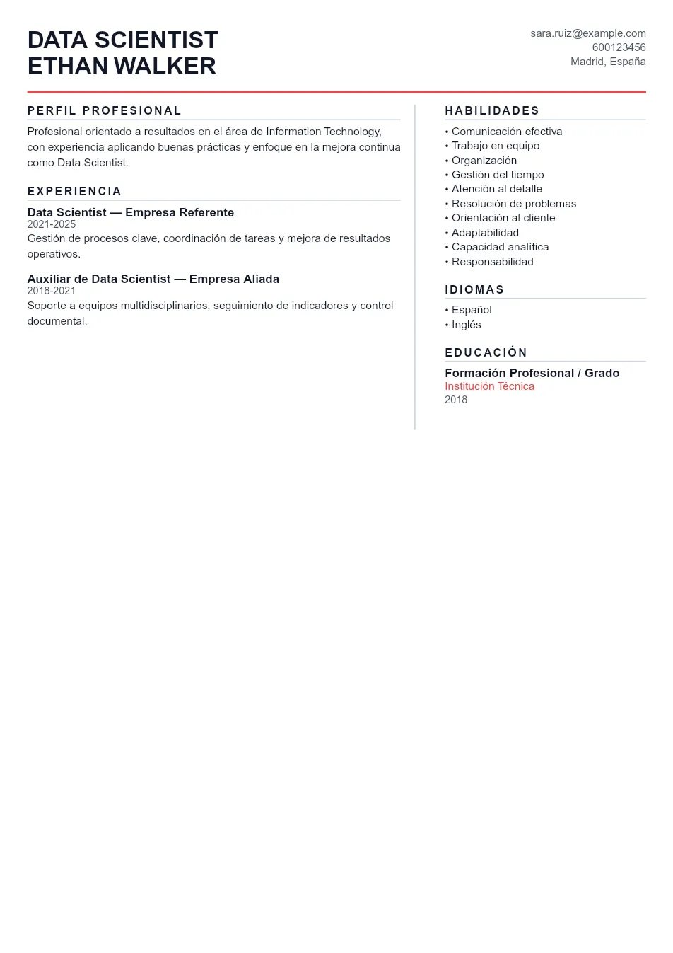 Ejemplo de CV de Data Scientist CV Example - Professional Resume Template