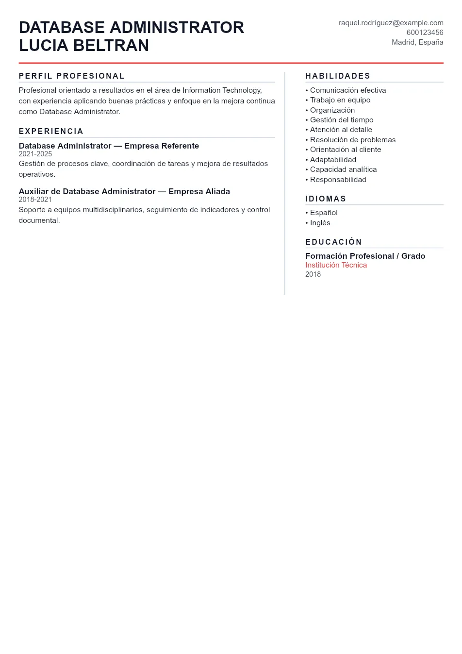 Ejemplo de CV de Database Administrator CV Example - Professional Resume Template