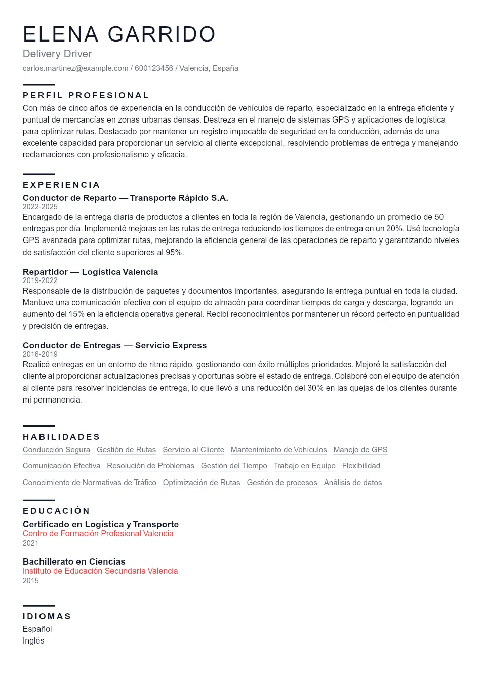 Ejemplo de CV para Ejemplo de CV de Delivery Driver - Plantilla de currículum profesional