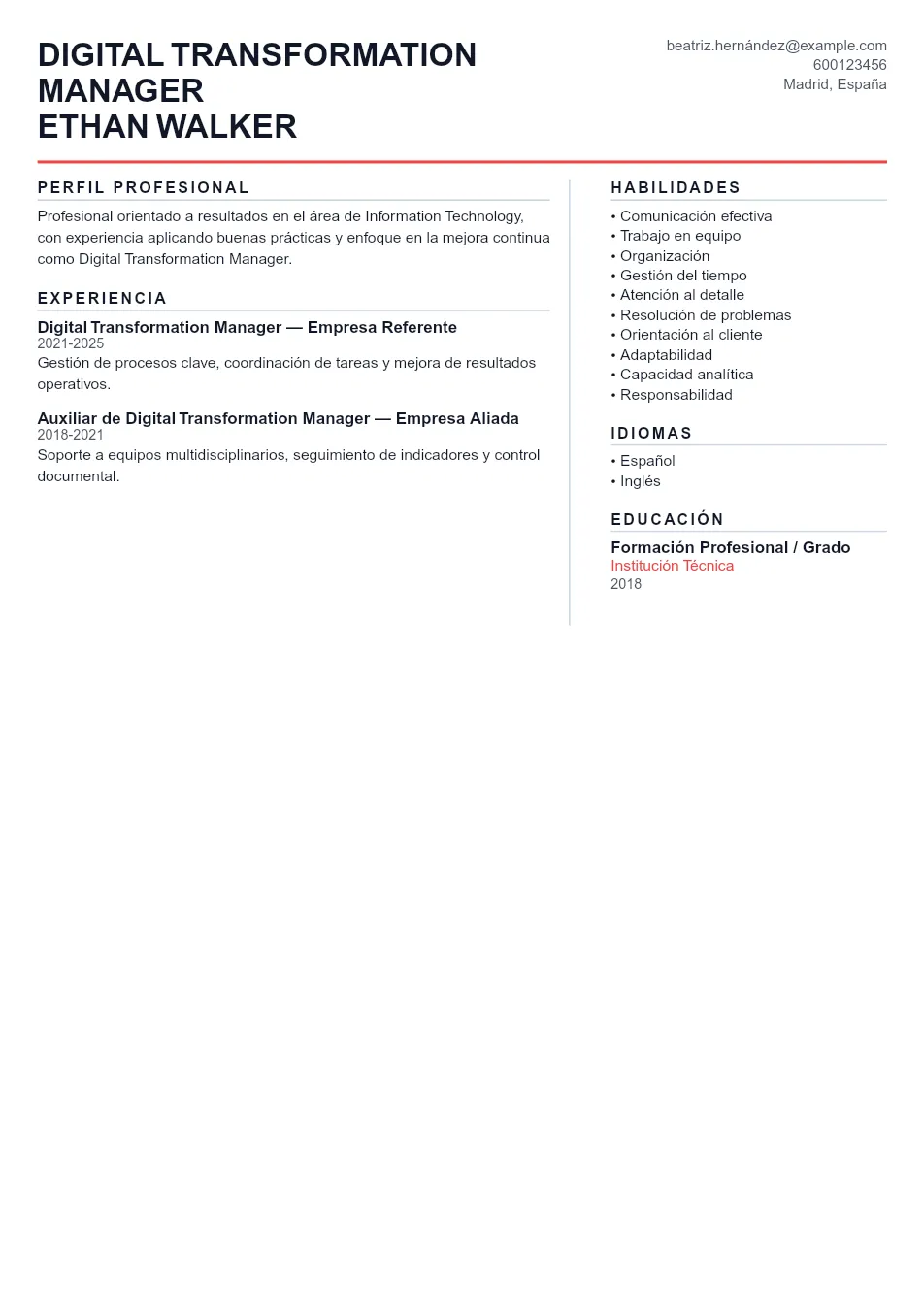 Ejemplo de CV de Digital Transformation Ma CV Example - Professional Resume Template