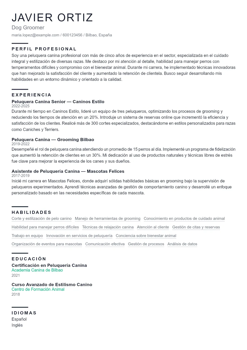 Ejemplo de CV para Peluquero Canino que Destaque - Plantilla de currículum profesional