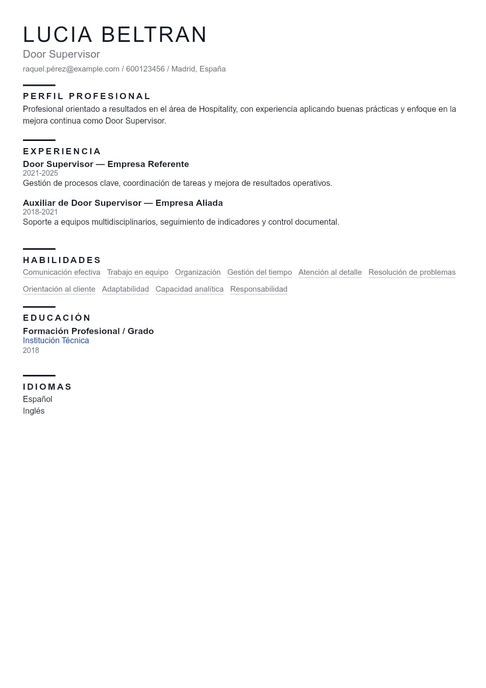 Ejemplo de CV de Door Supervisor CV Example - Professional Resume Template