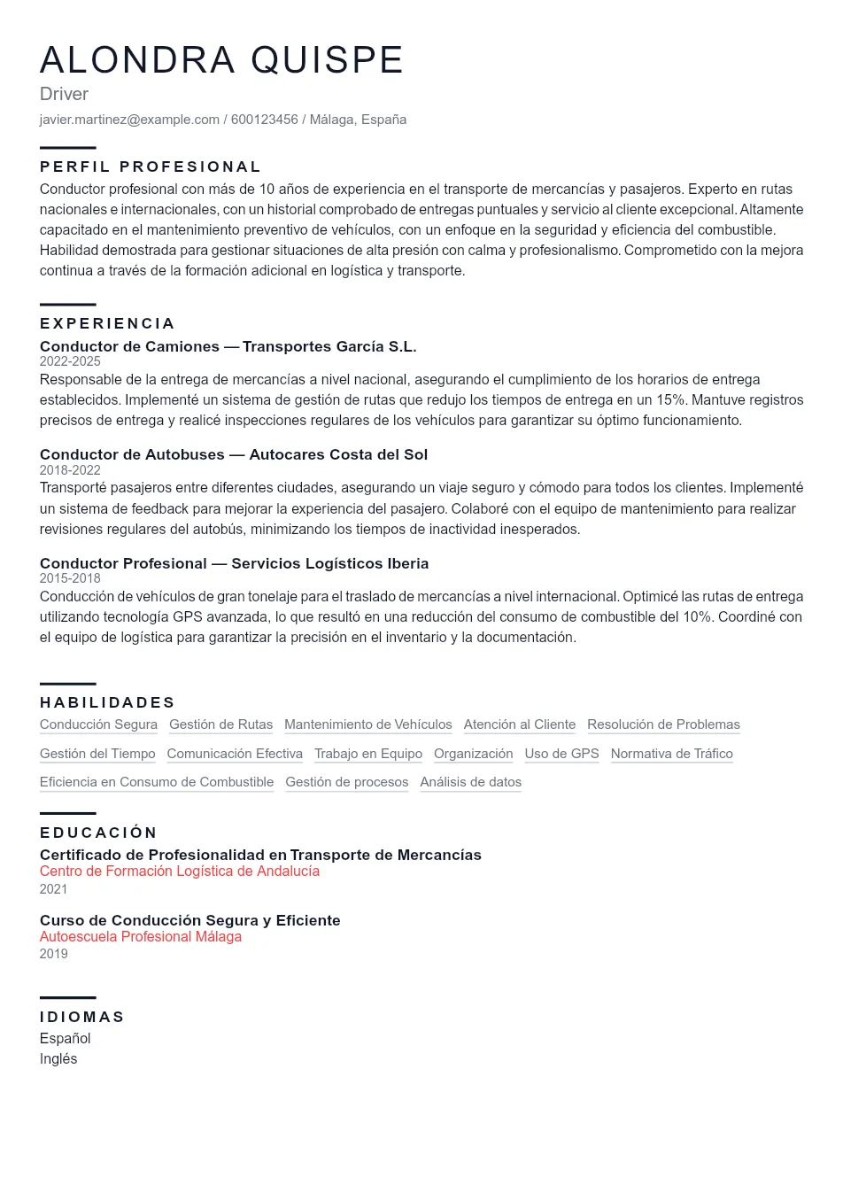 Ejemplo de CV de Driver CV Example - Professional Resume Template