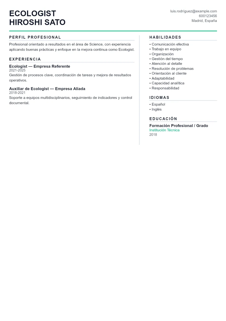 Ejemplo de CV de Ecologist CV Example - Professional Resume Template