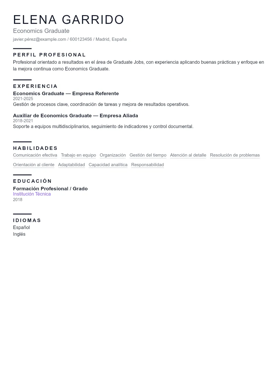 Ejemplo de CV de Economics Graduate CV Example - Professional Resume Template