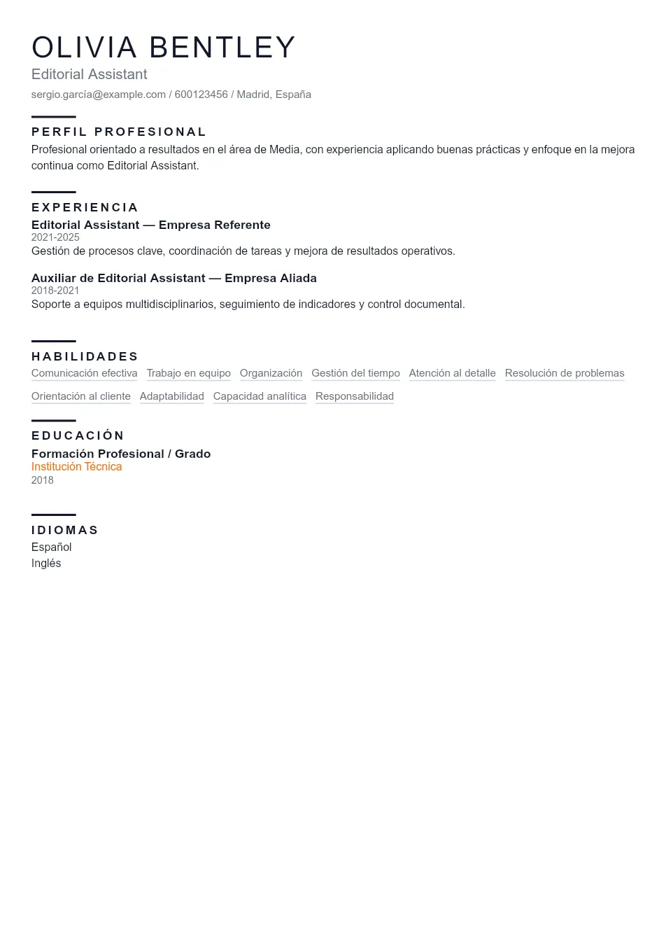 Ejemplo de CV de Editorial Assistant CV Example - Professional Resume Template