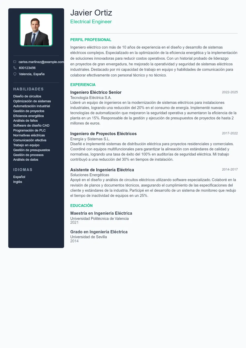 Ejemplo de CV de Electrical Engineer CV Example - Professional Resume Template
