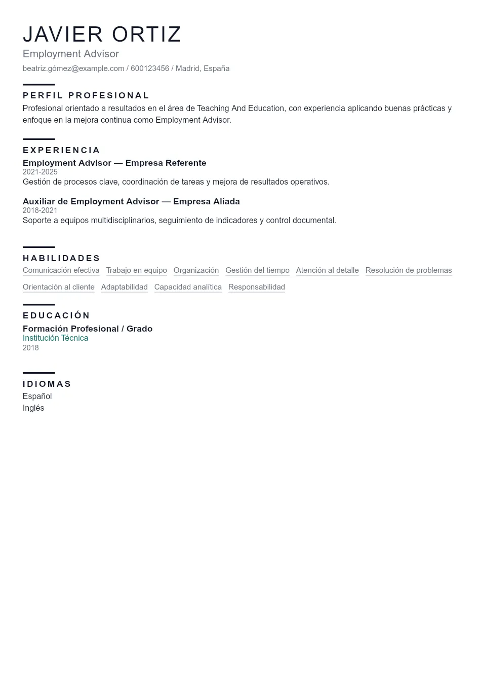 Ejemplo de CV de Employment Advisor CV Example - Professional Resume Template