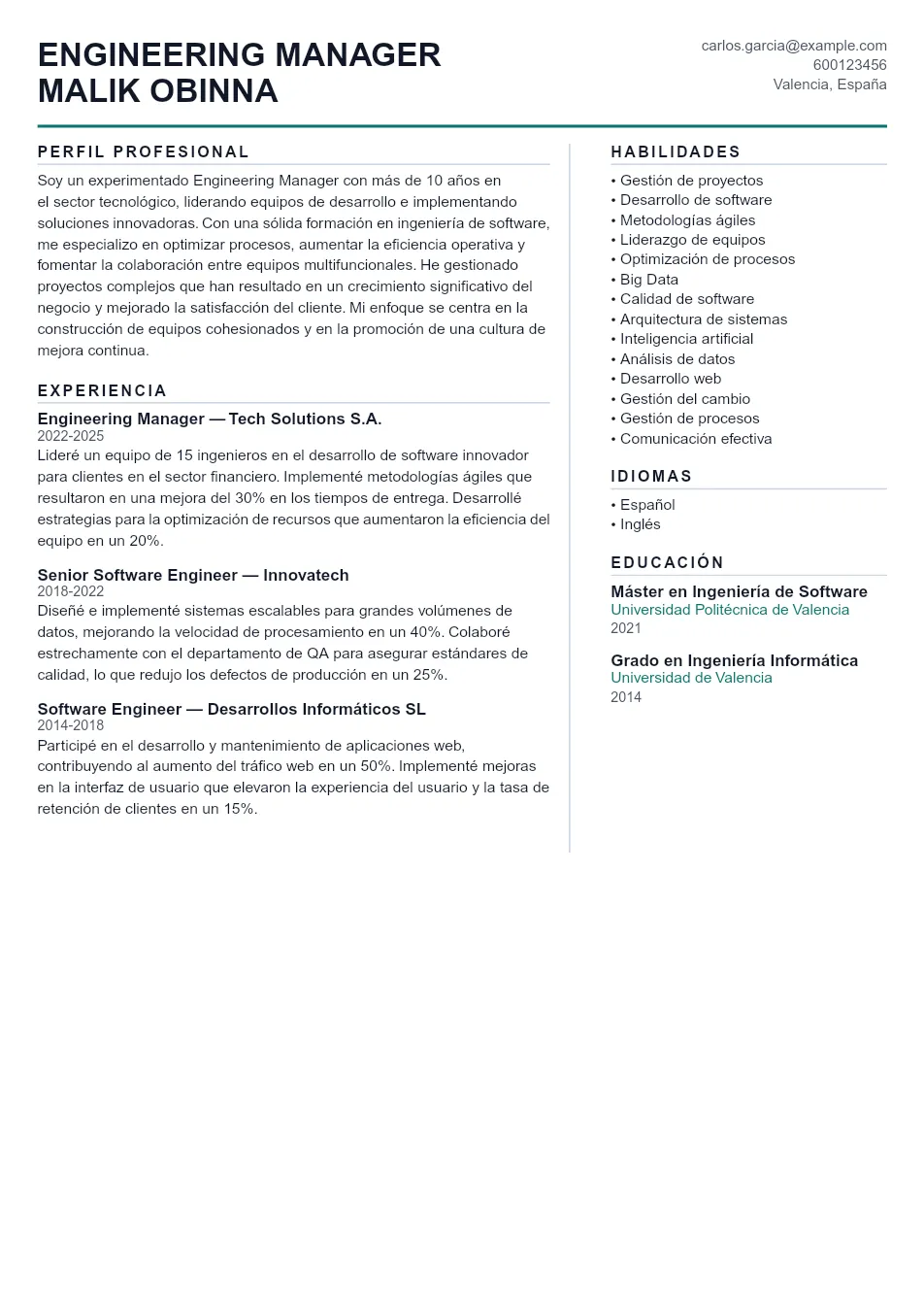 Ejemplo de CV de Engineering Manager CV Example - Professional Resume Template