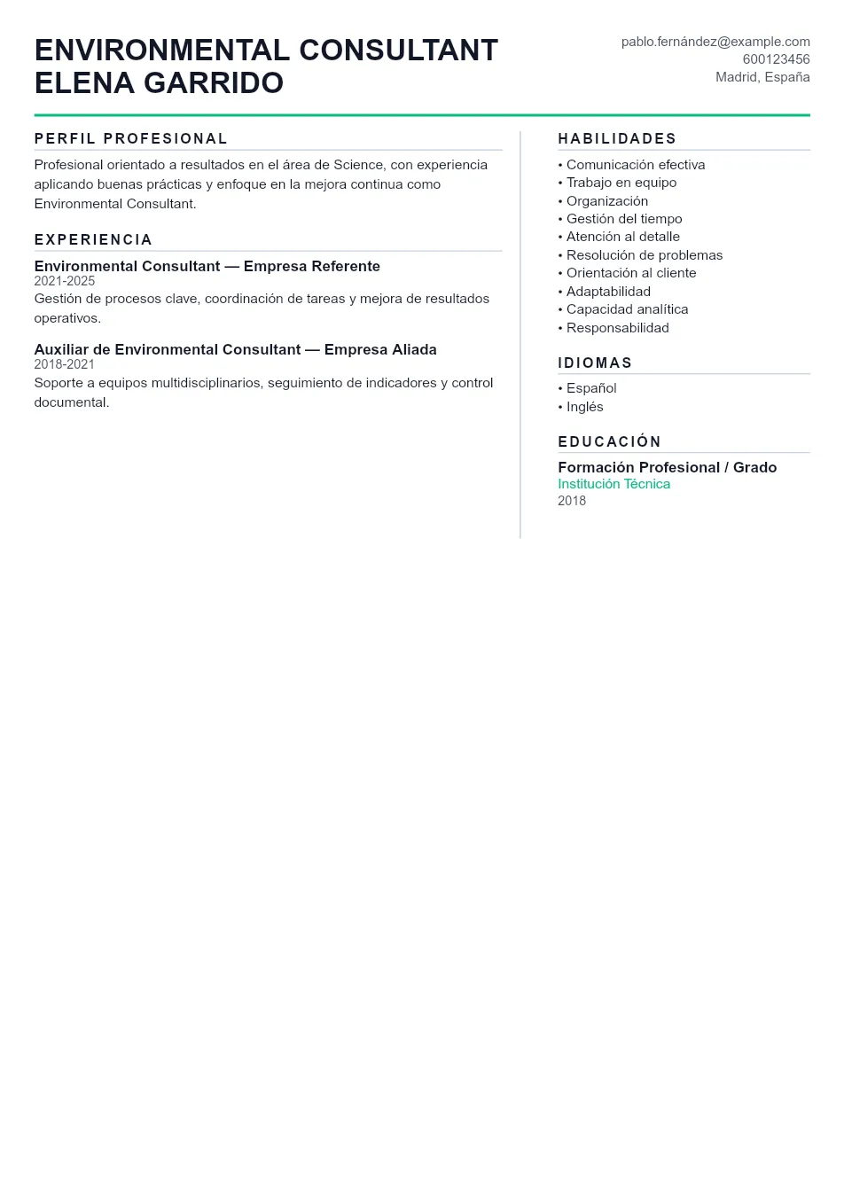 Ejemplo de CV de Environmental Consultant CV Example - Professional Resume Template