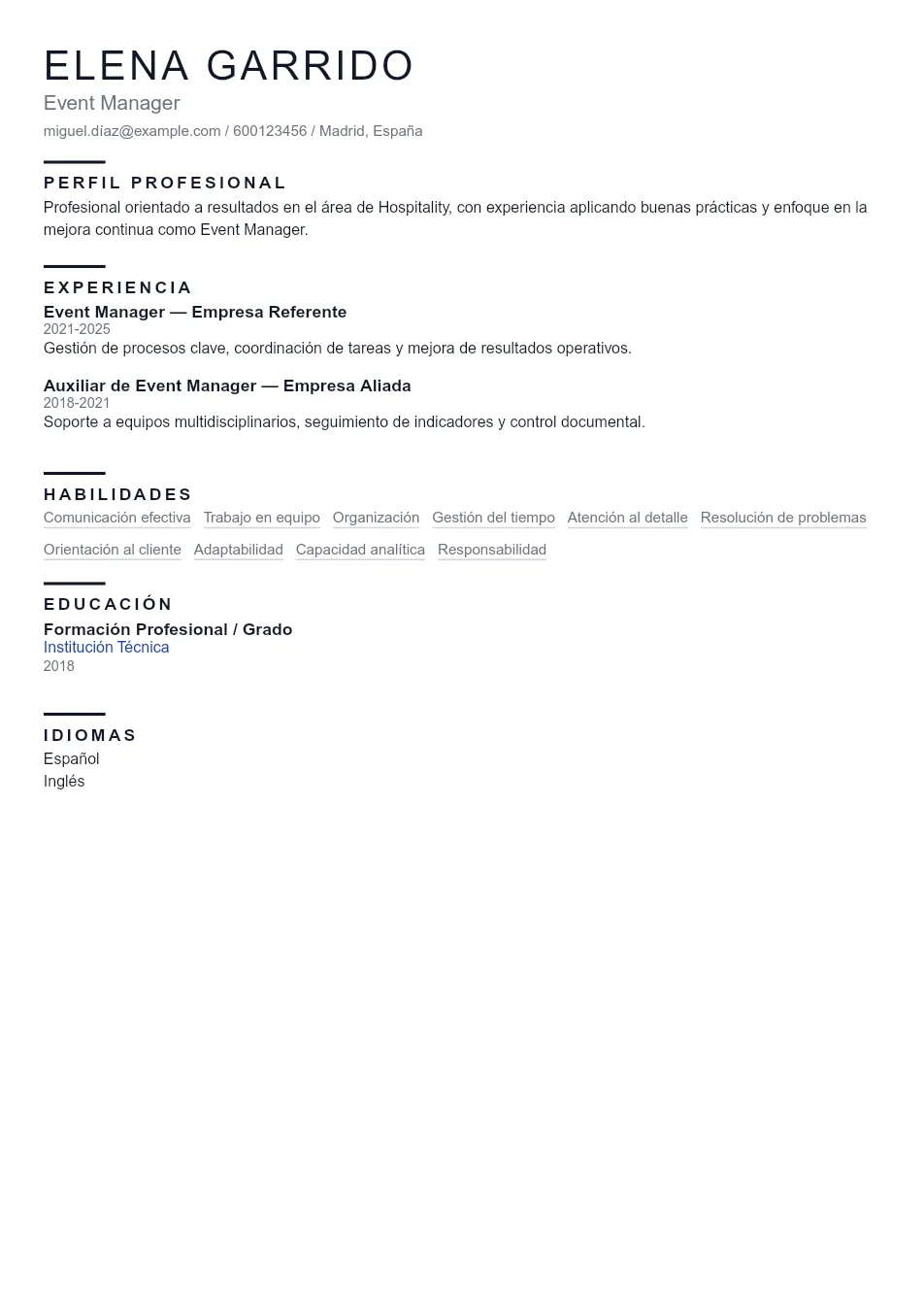 Ejemplo de CV de Event Manager CV Example - Professional Resume Template
