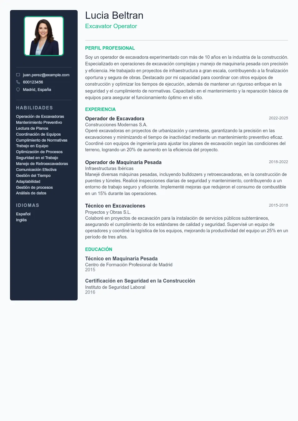 Ejemplo de CV para Guía Completa y Ejemplo de CV para Operado - Plantilla de currículum profesional