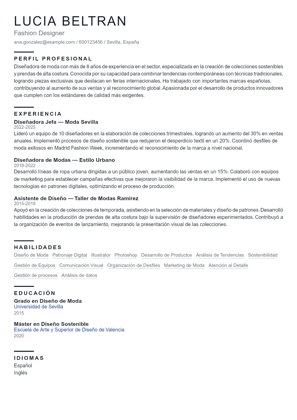 Ejemplo de CV para CV de Fashion Designer - Plantilla de currículum profesional