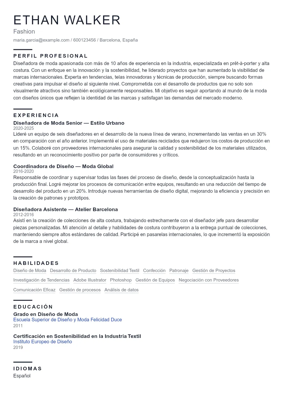 Ejemplo de CV de Fashion CV Example - Professional Resume Template