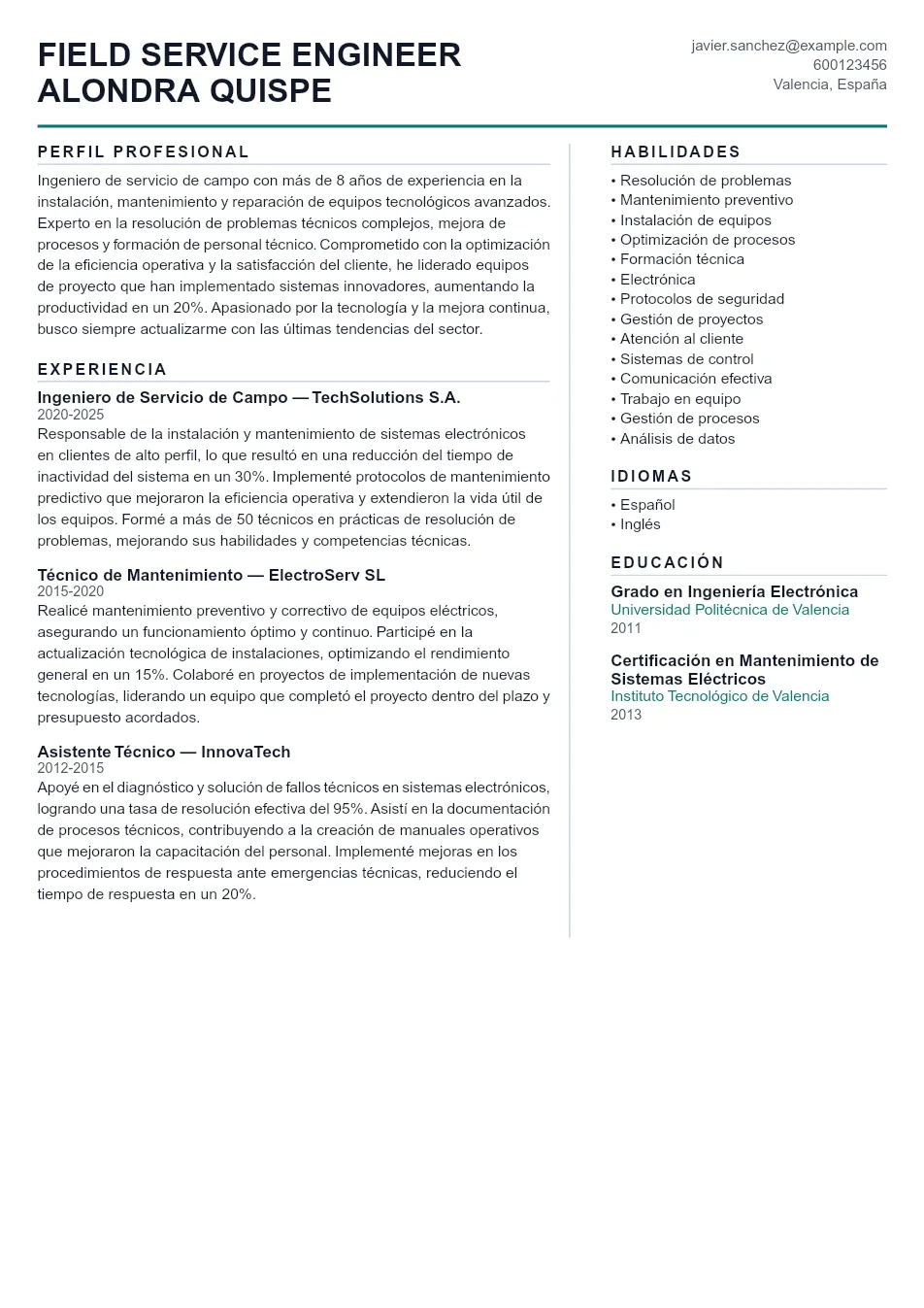Ejemplo de CV de Field Service Engineer CV Example - Professional Resume Template