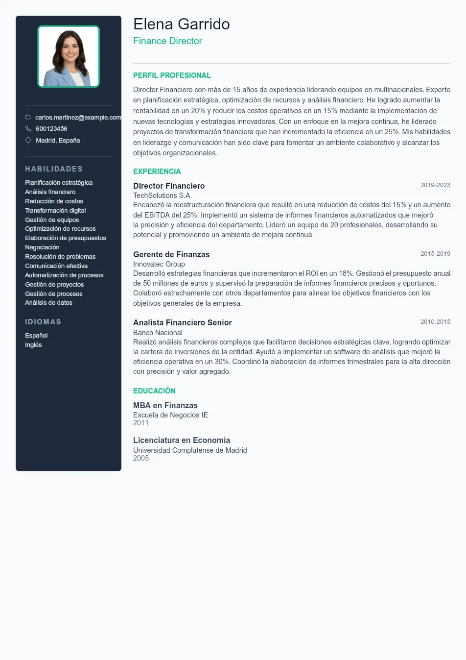 Ejemplo de CV para CV de Director Financiero (Finance Directo - Plantilla de currículum profesional