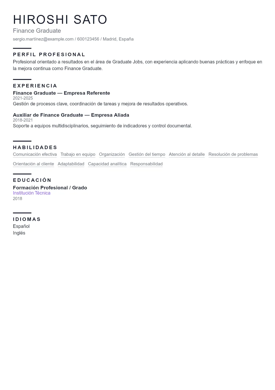 Ejemplo de CV de Finance Graduate CV Example - Professional Resume Template