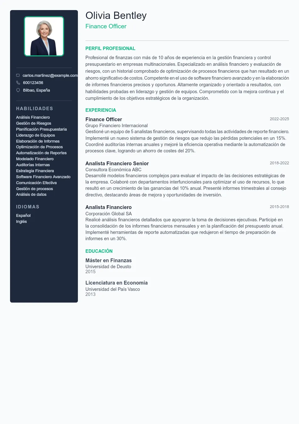 Ejemplo de CV para CV de Finance Officer - Plantilla de currículum profesional