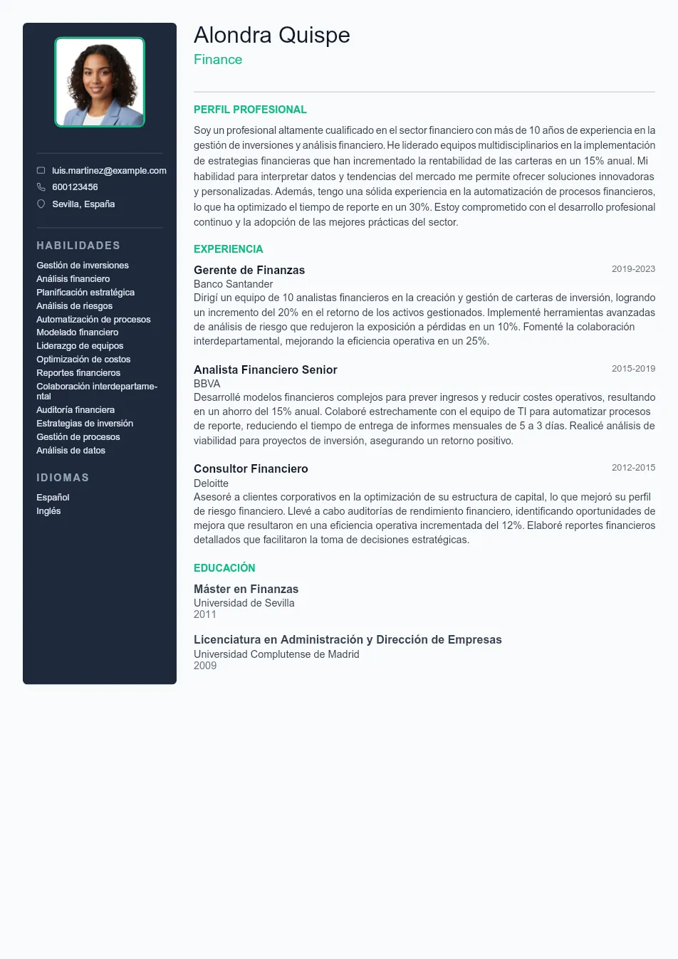 Ejemplo de CV de Finance CV Example - Professional Resume Template