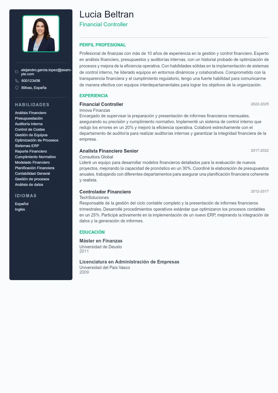 Ejemplo de CV de Financial Controller CV Example - Professional Resume Template