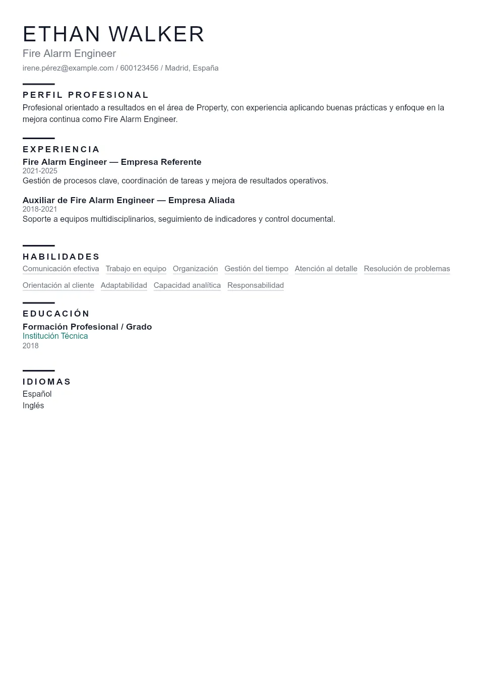 Ejemplo de CV de Fire Alarm Engineer CV Example - Professional Resume Template