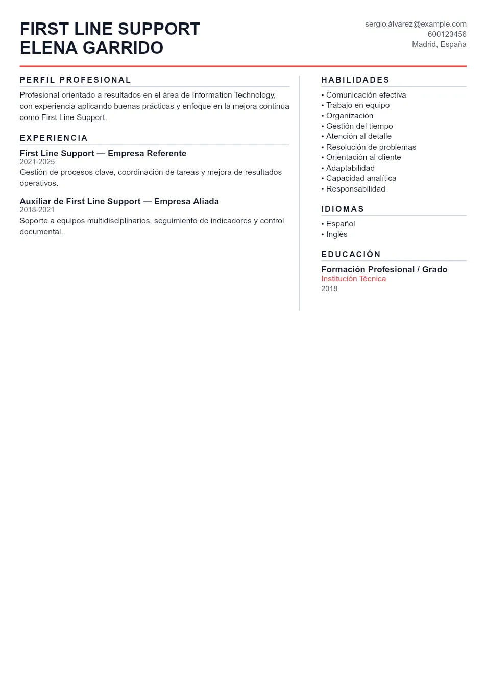 Ejemplo de CV de First Line Support CV Example - Professional Resume Template
