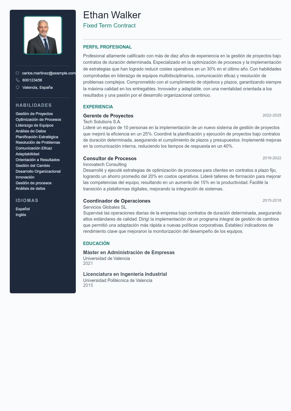 Ejemplo de CV de Fixed Term Contract CV Example - Professional Resume Template